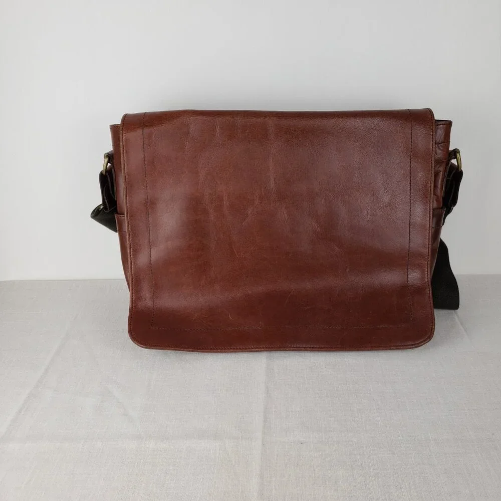 J Crew Cognac Brown Leather Messenger Bag Postal Briefcase Crossbody Satchel